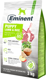 Eminent Dog Puppy Lamb & Rice 3kg – hypoalergenní krmivo pro štěňata s jehněčím a rýží, vhodné pro citlivé trávení.