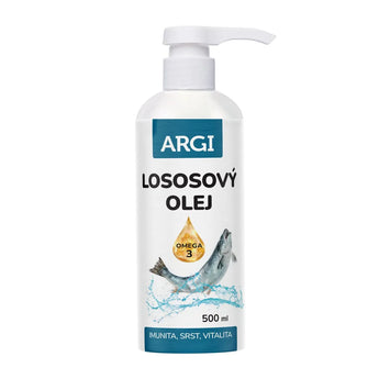 Lososový olej ARGI 500ml: Lososový olej pro psy a kočky, podporuje zdraví srsti, kůže a imunitního systému.