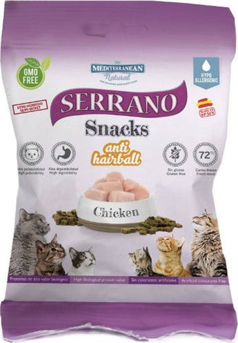 Serrano Snack for Cat-Chicken-AntiHairball 50g - Pochoutka pro kočky s kuřetem, podporující zdraví trávení a prevenci před vypadáváním chlupů.