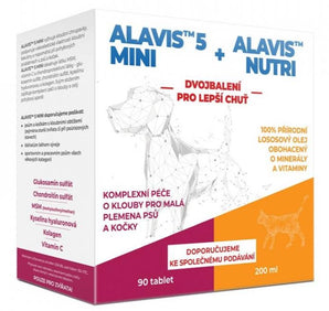 Alavis 5 MINI, 90 tbl + Alavis Nutri, 200 ml – kombinace kloubní výživy a nutričního doplňku pro psy a kočky.