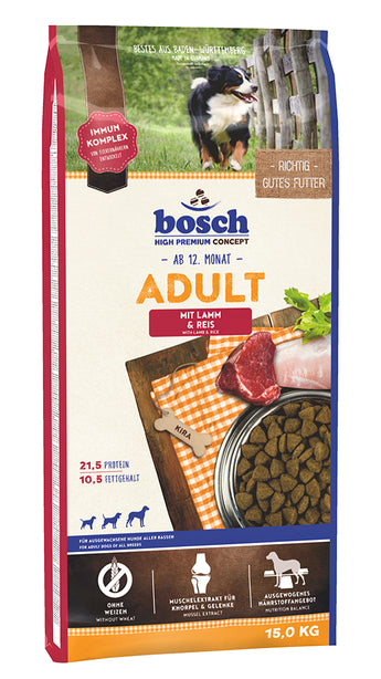 Bosch Dog Adult, lamb & rice, 15 kg, krmivo pro dospělé psy s jehněčím.