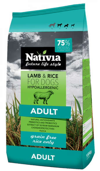 Krmivo pro dospělé psy Nativia Dog Adult Lamb&Rice 3kg s jehněčím a rýží.