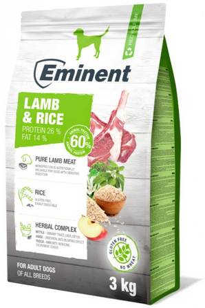 Eminent Dog Lamb Rice 3kg – hypoalergenní krmivo pro psy s jehněčím a rýží, vhodné pro citlivé trávení.