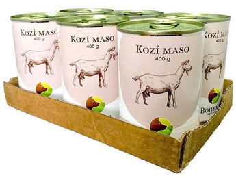 Maso z kozího, 6x400 g, pro alternativní a chutné krmení v balení.