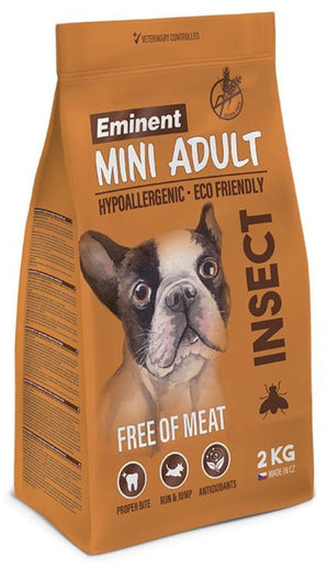 Eminent Dog Mini Adult hmyz 2kg – krmivo pro dospělé psy malých plemen s hmyzem, hypoalergenní a bohaté na bílkoviny.