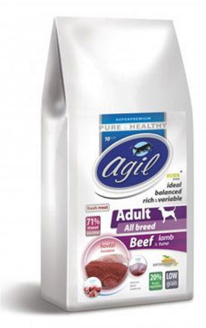 Agil Adult All Breed, Low Grain, Beef, Lamb, Tuna, 2 kg, výživné krmivo pro psy.