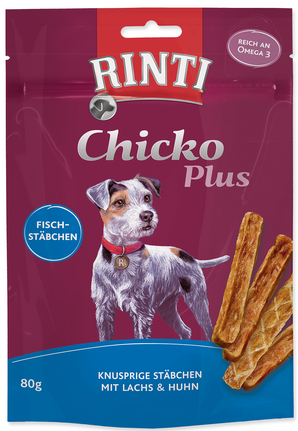 Rinti Dog Extra Chicko Plus pochoutka losos+kuře 80g - Kombinace lososa a kuřete, ideální pro výživu a zubní hygienu.