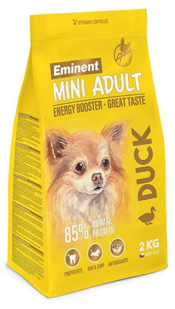 Eminent Dog Mini Adult kachna 2kg – krmivo pro dospělé psy malých plemen s kachním masem, podporuje zdraví a vitalitu.